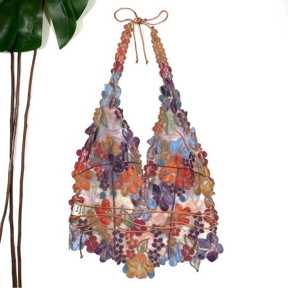 Ema Savahl Swarovski Crystals Flower Halter Tie Back Top - Picture 5 of 12